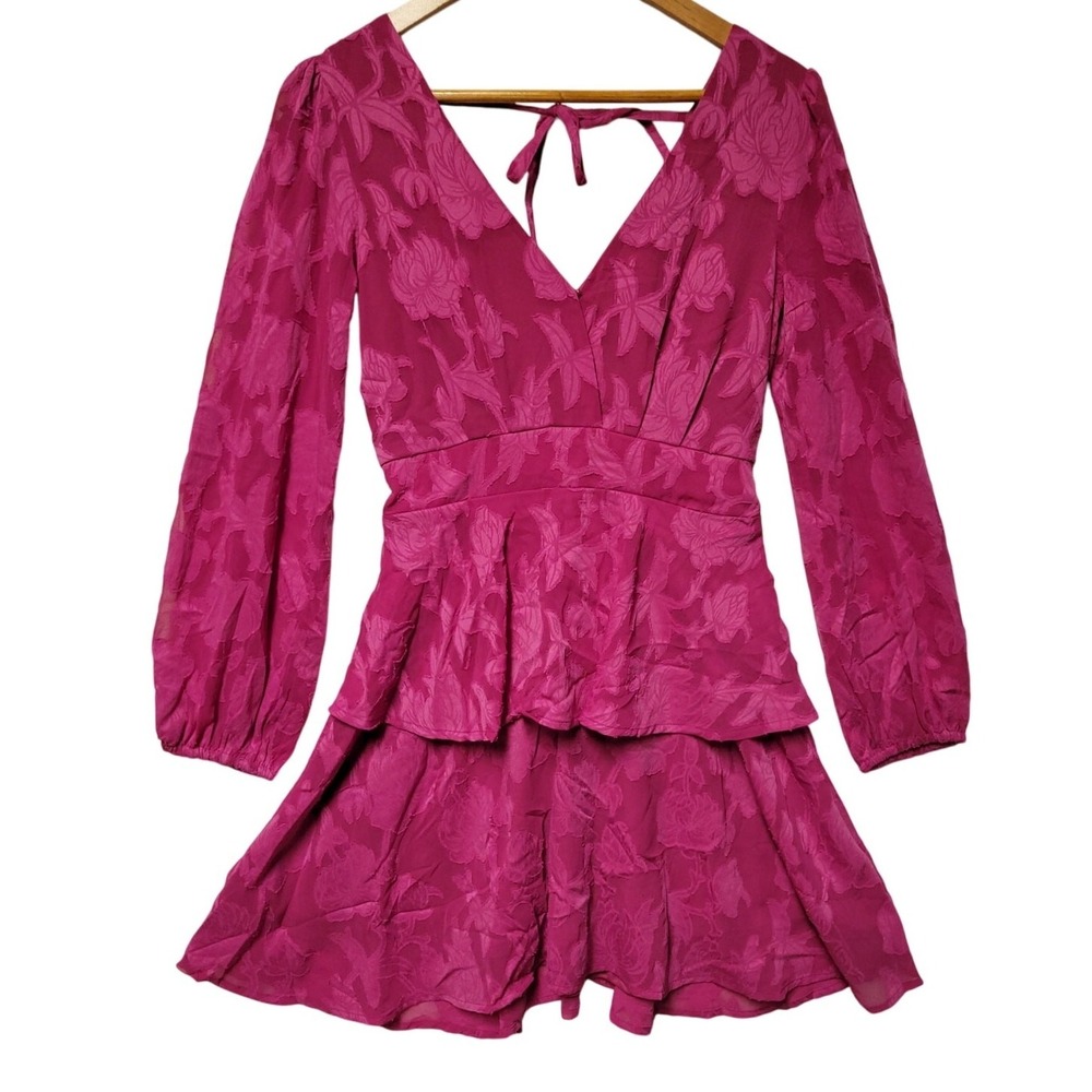 NWT Pink Floral Tiered Mini Dress Wedding Guest Easter Party Long Sleeve Size‎ S